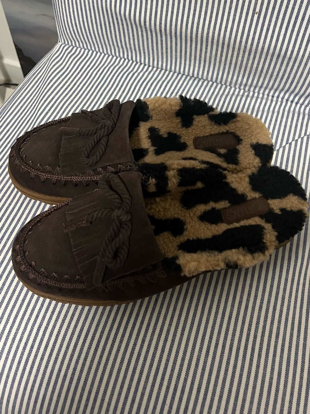 Muk Luks Brown Kids Moccasin Slippers with Leopard Sherpa Lining